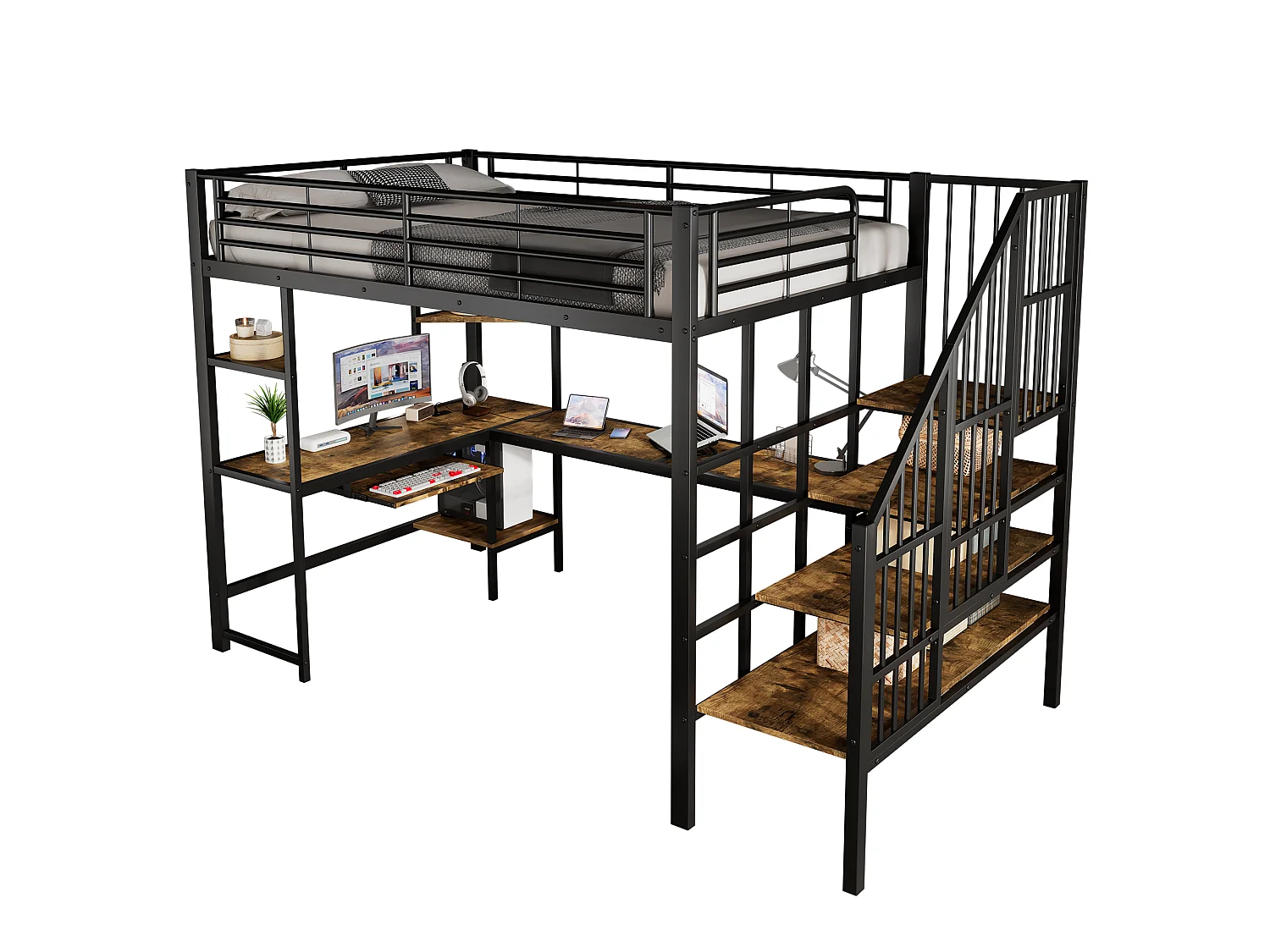 Lit mezzanine 120x200 cm - avec port de charge - avec bureau et étagère de rangement - Métal + MDF - Noir + Naturel