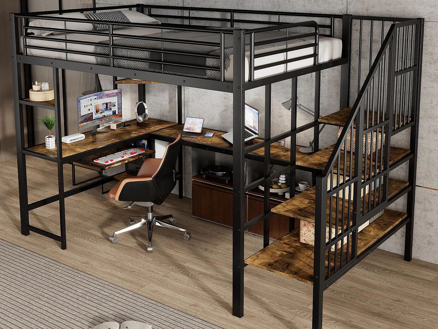 Lit mezzanine 120x200 cm - avec port de charge - avec bureau et étagère de rangement - Métal + MDF - Noir + Naturel