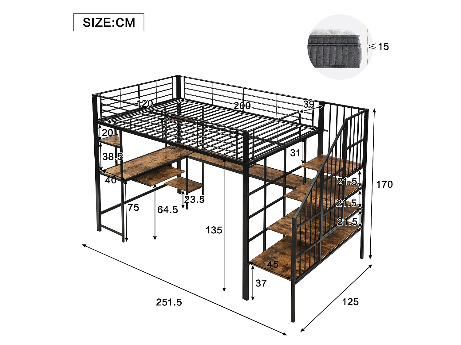 Lit mezzanine 120x200 cm - avec port de charge - avec bureau et étagère de rangement - Métal + MDF - Noir + Naturel