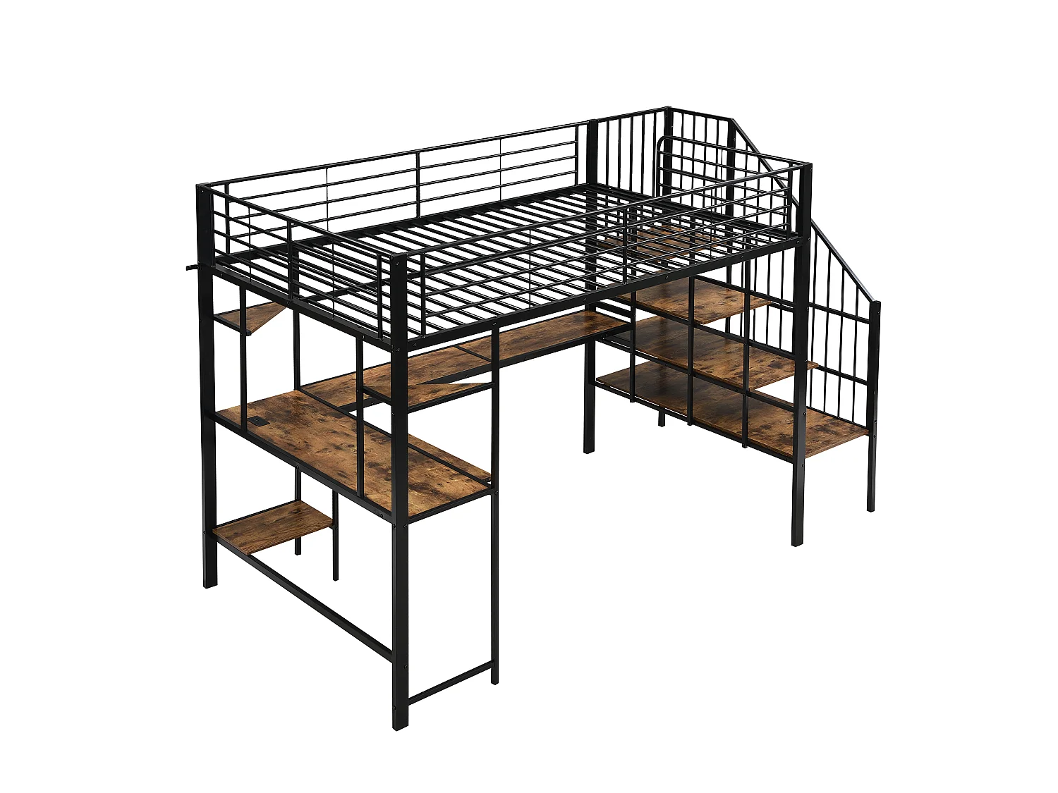 Lit mezzanine 120x200 cm - avec port de charge - avec bureau et étagère de rangement - Métal + MDF - Noir + Naturel