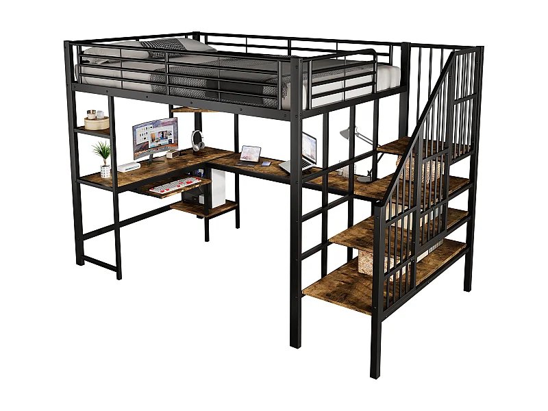 Hochbett 120×200 cm - mit Ladestation - mit Schreibtisch und Regal - Metall + MDF - schwarz + natur