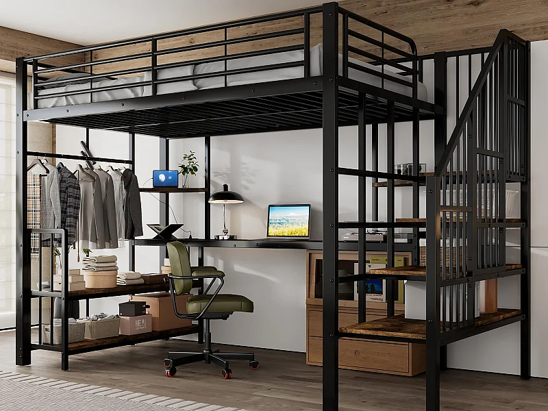 Lit mezzanine 120x200 cm - avec port de charge - avec bureau et étagère de rangement - avec cintre - Métal + MDF - Noir + Naturel