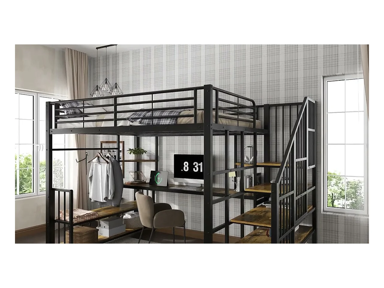 Lit mezzanine 120x200 cm - avec port de charge - avec bureau et étagère de rangement - avec cintre - Métal + MDF - Noir + Naturel