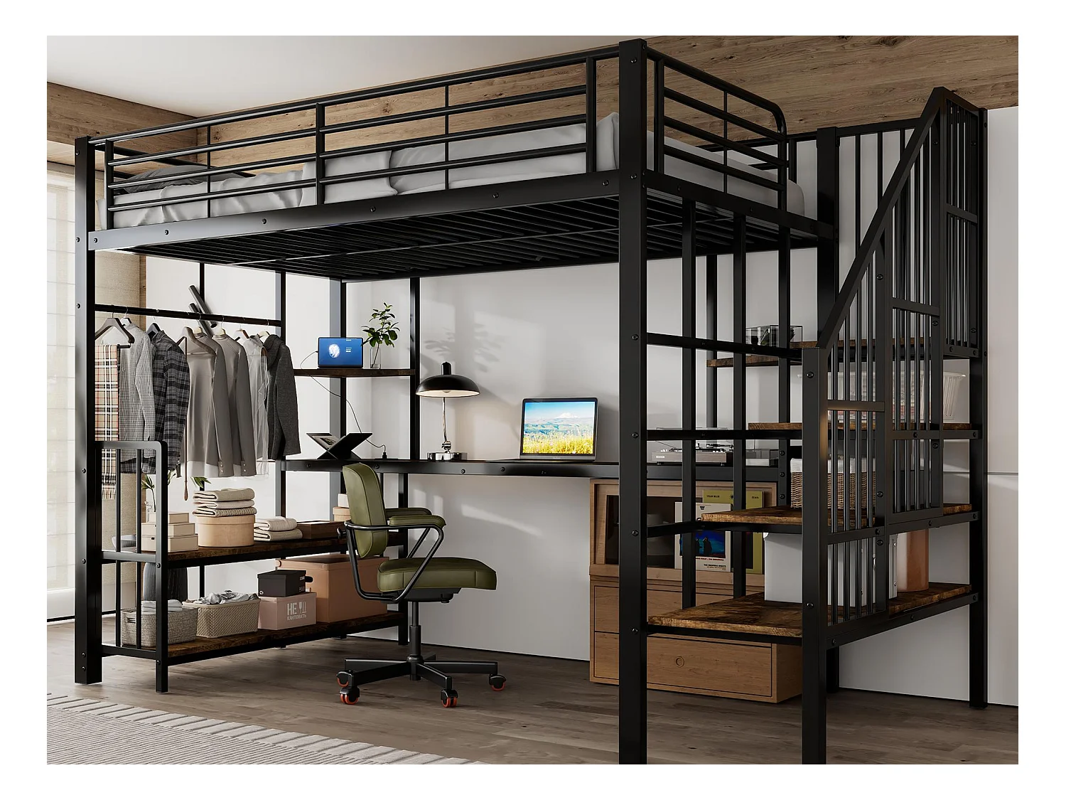 Lit mezzanine 120x200 cm - avec port de charge - avec bureau et étagère de rangement - avec cintre - Métal + MDF - Noir + Naturel