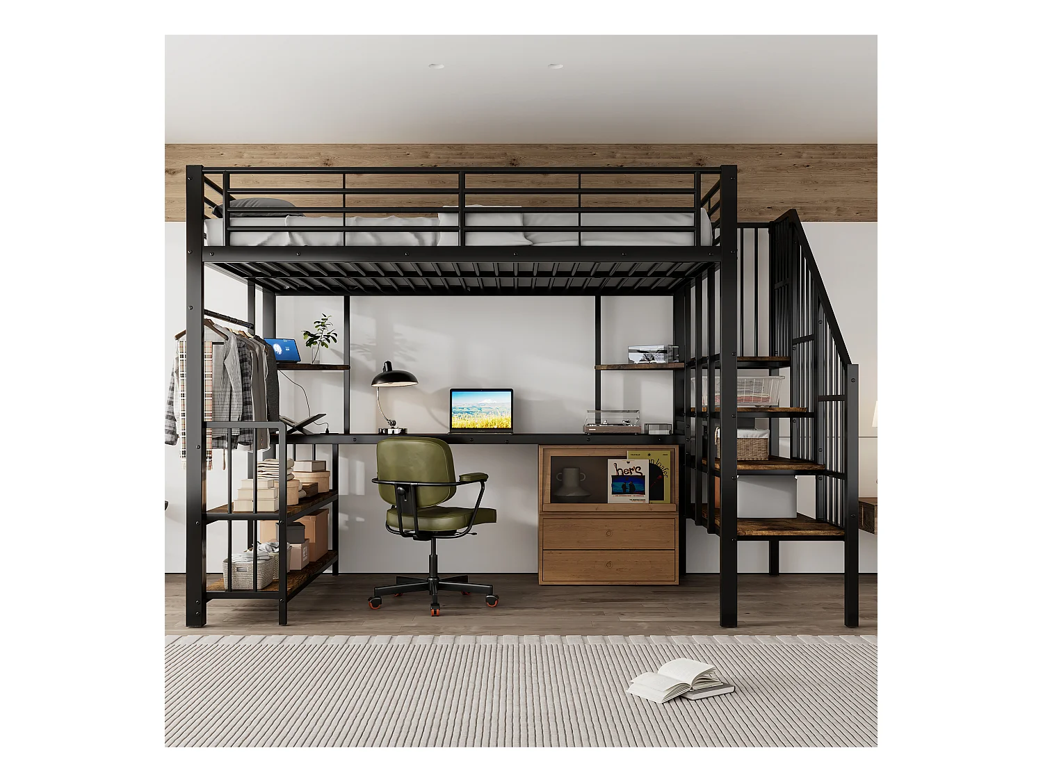 Lit mezzanine 120x200 cm - avec port de charge - avec bureau et étagère de rangement - avec cintre - Métal + MDF - Noir + Naturel