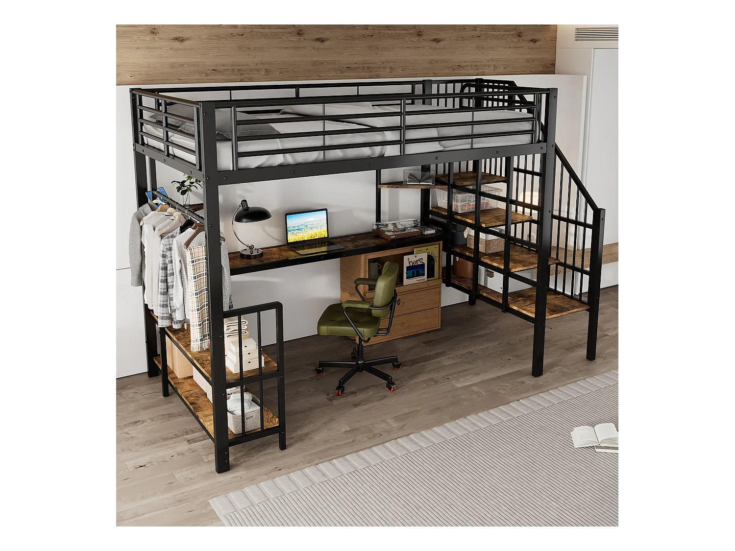 Lit mezzanine 120x200 cm - avec port de charge - avec bureau et étagère de rangement - avec cintre - Métal + MDF - Noir + Naturel