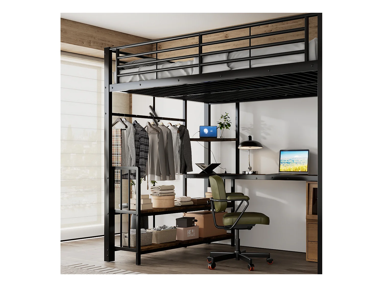 Lit mezzanine 120x200 cm - avec port de charge - avec bureau et étagère de rangement - avec cintre - Métal + MDF - Noir + Naturel