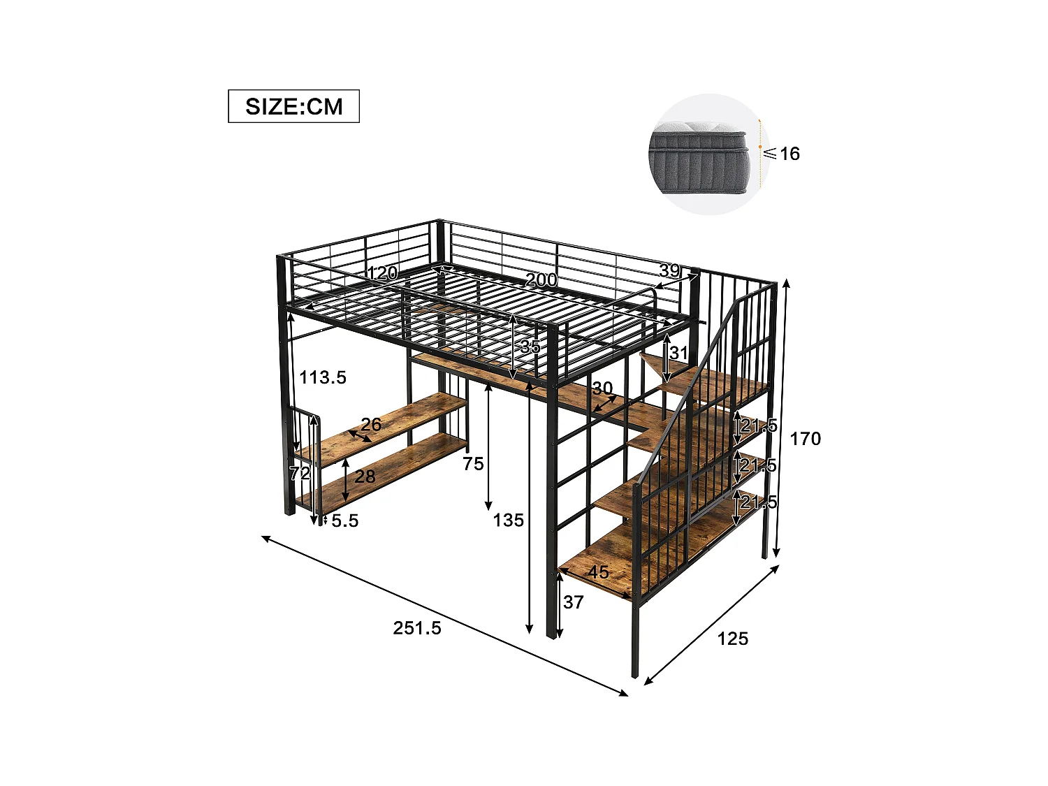 Lit mezzanine 120x200 cm - avec port de charge - avec bureau et étagère de rangement - avec cintre - Métal + MDF - Noir + Naturel