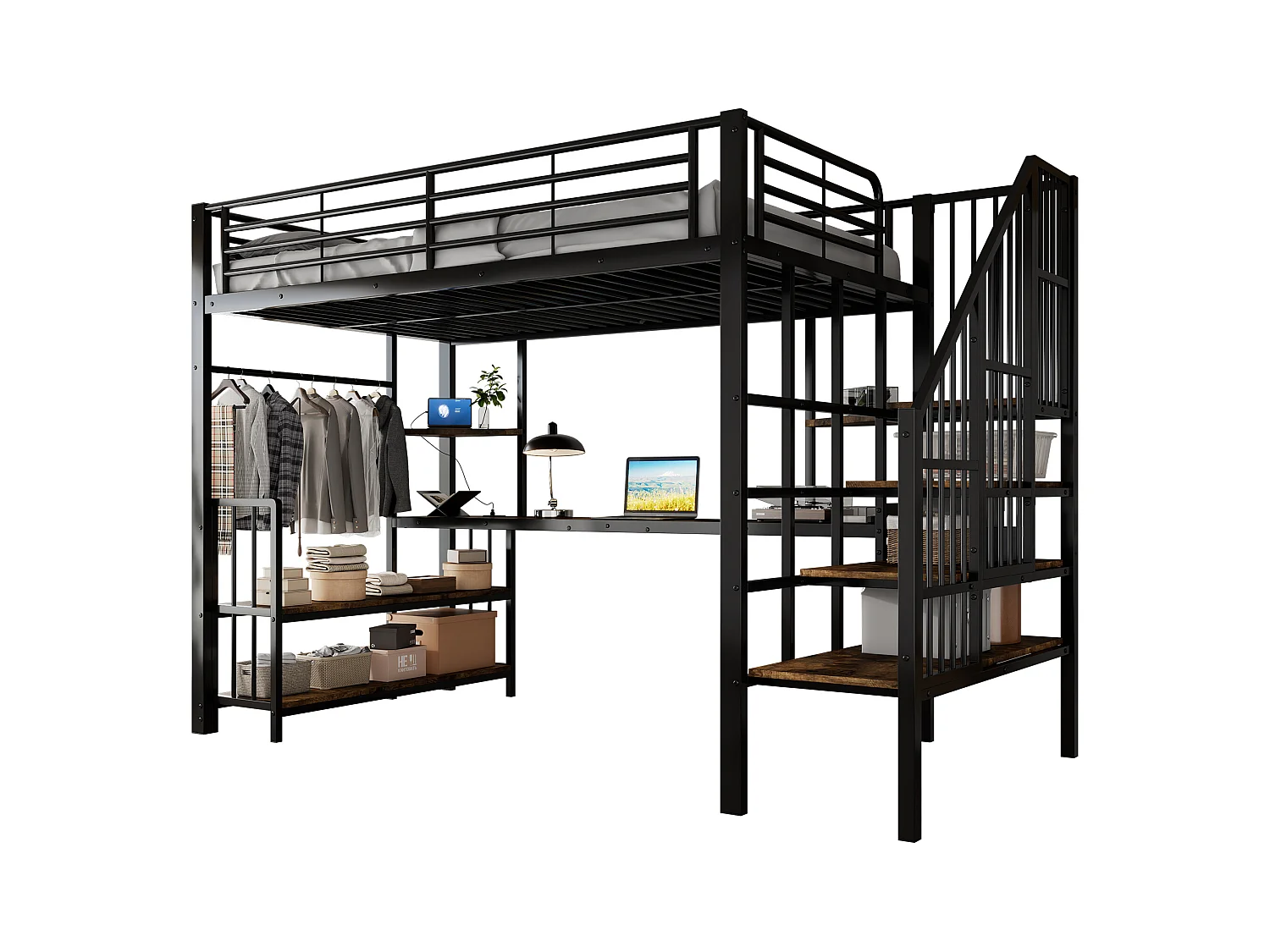 Lit mezzanine 120x200 cm - avec port de charge - avec bureau et étagère de rangement - avec cintre - Métal + MDF - Noir + Naturel