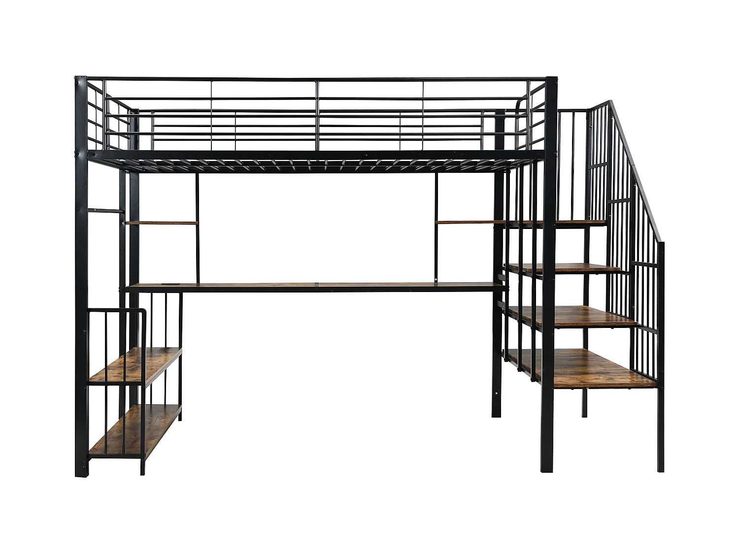 Lit mezzanine 120x200 cm - avec port de charge - avec bureau et étagère de rangement - avec cintre - Métal + MDF - Noir + Naturel