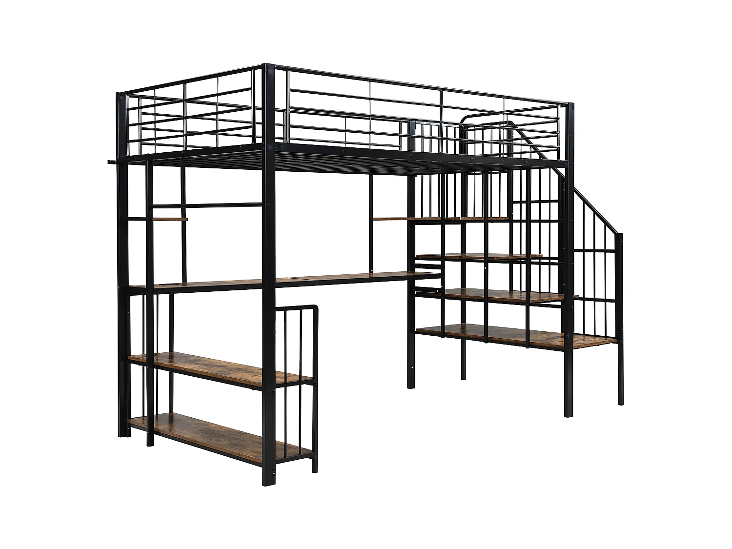 Lit mezzanine 120x200 cm - avec port de charge - avec bureau et étagère de rangement - avec cintre - Métal + MDF - Noir + Naturel