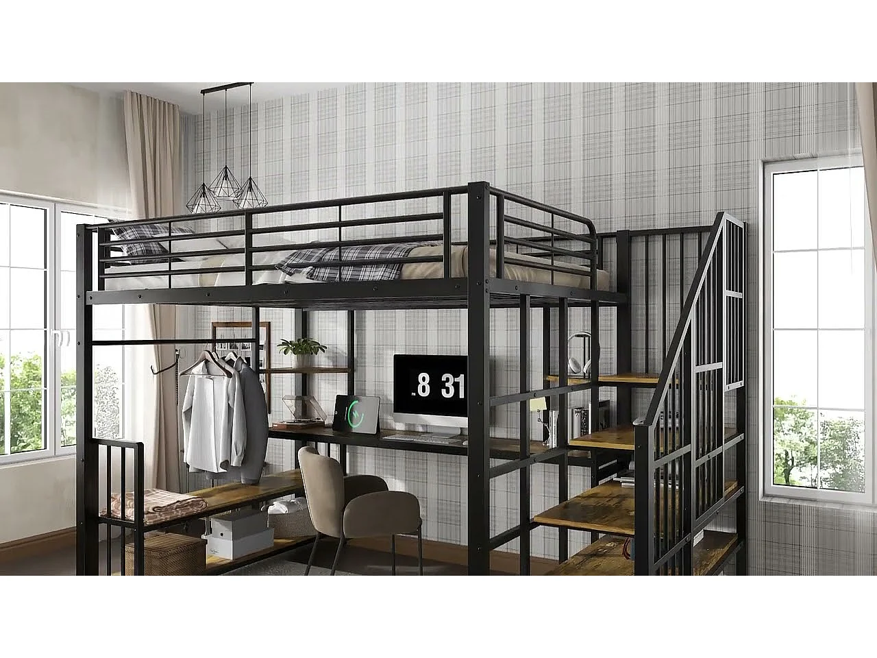 Lit mezzanine 120x200 cm - avec port de charge - avec bureau et étagère de rangement - avec cintre - Métal + MDF - Noir + Naturel