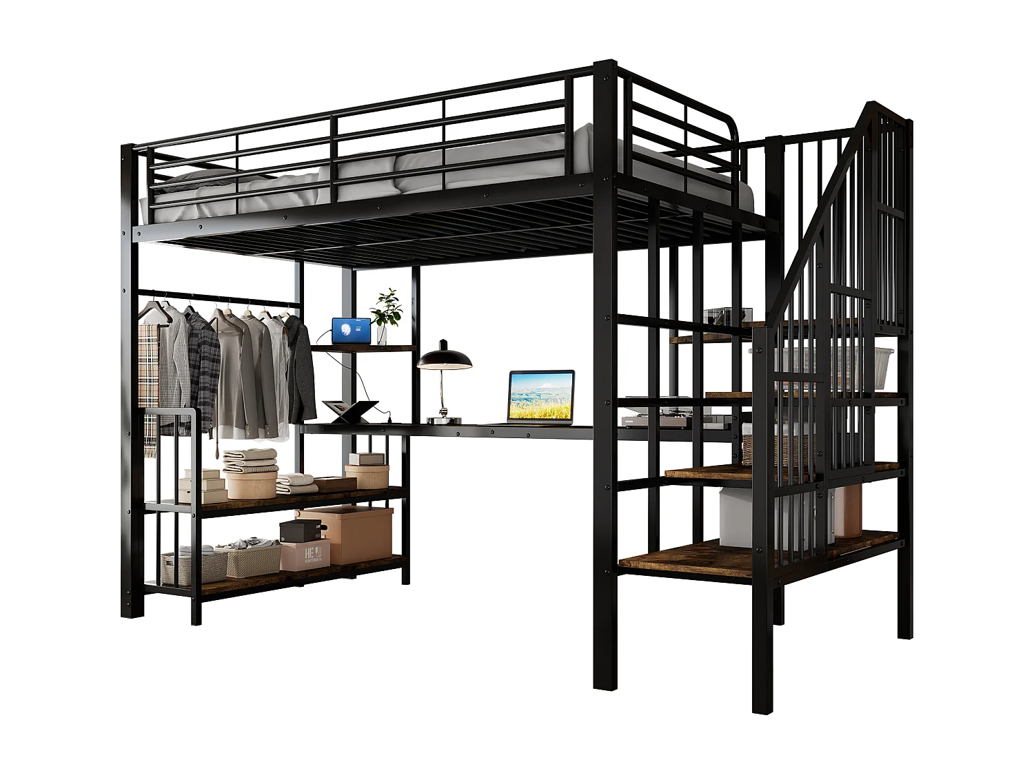 Lit mezzanine 120x200 cm - avec port de charge - avec bureau et étagère de rangement - avec cintre - Métal + MDF - Noir + Naturel