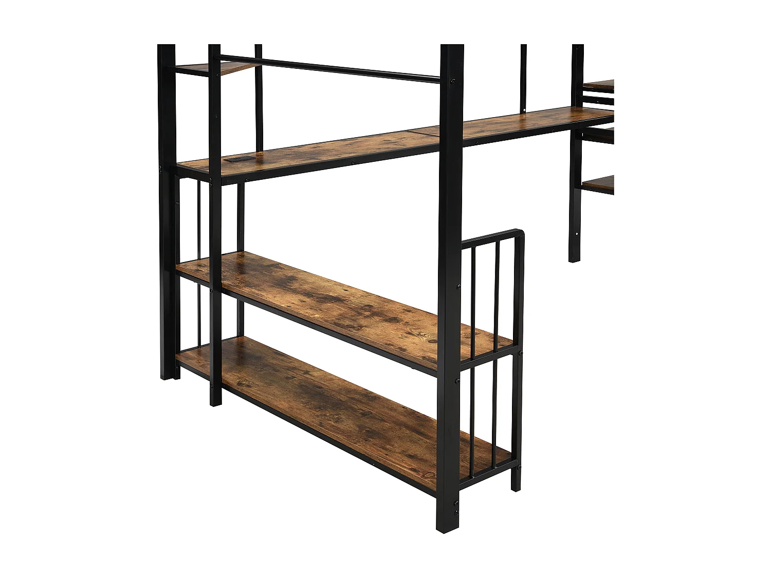 Lit mezzanine 120x200 cm - avec port de charge - avec bureau et étagère de rangement - avec cintre - Métal + MDF - Noir + Naturel