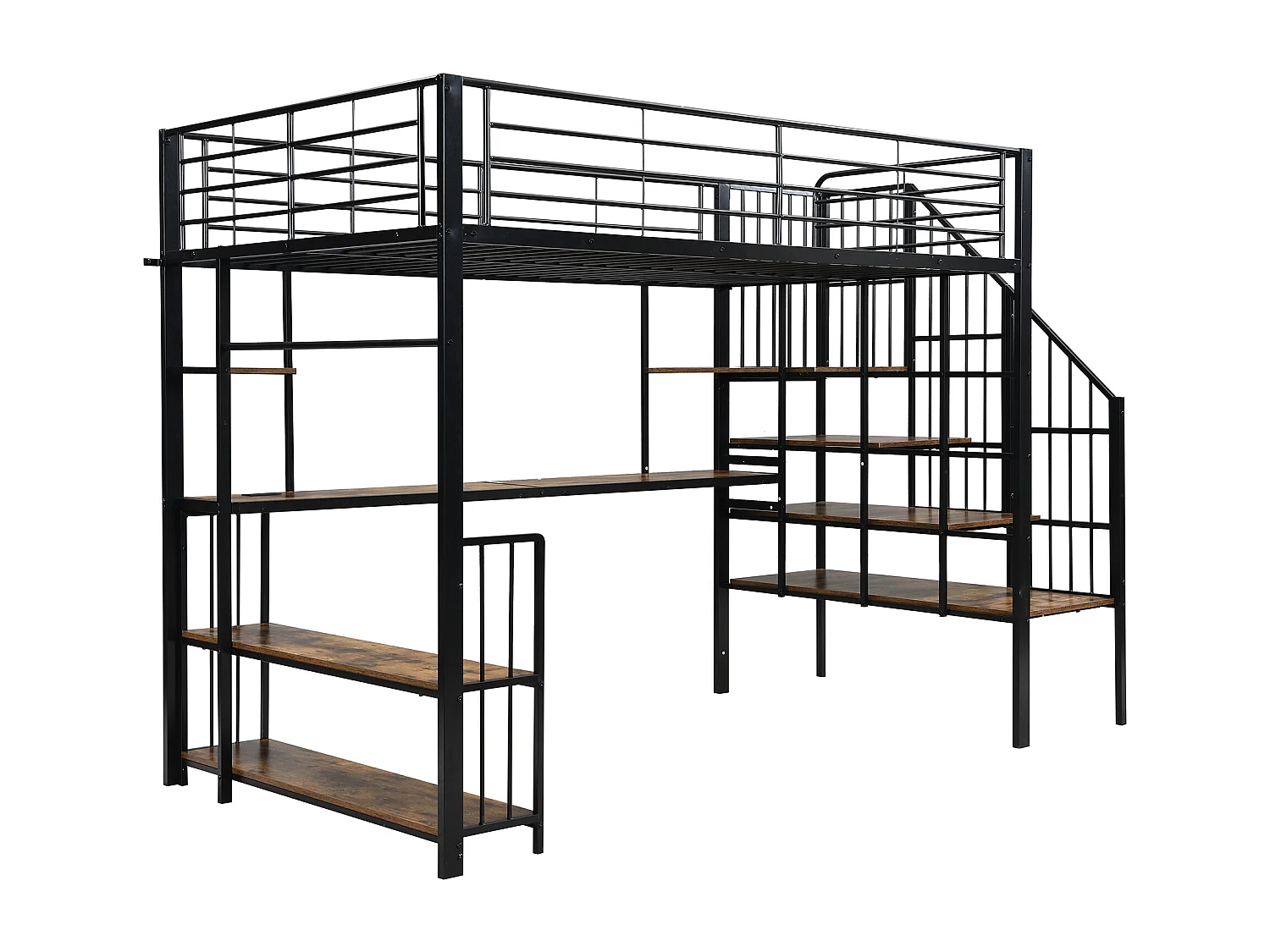 Lit mezzanine 120x200 cm - avec port de charge - avec bureau et étagère de rangement - avec cintre - Métal + MDF - Noir + Naturel