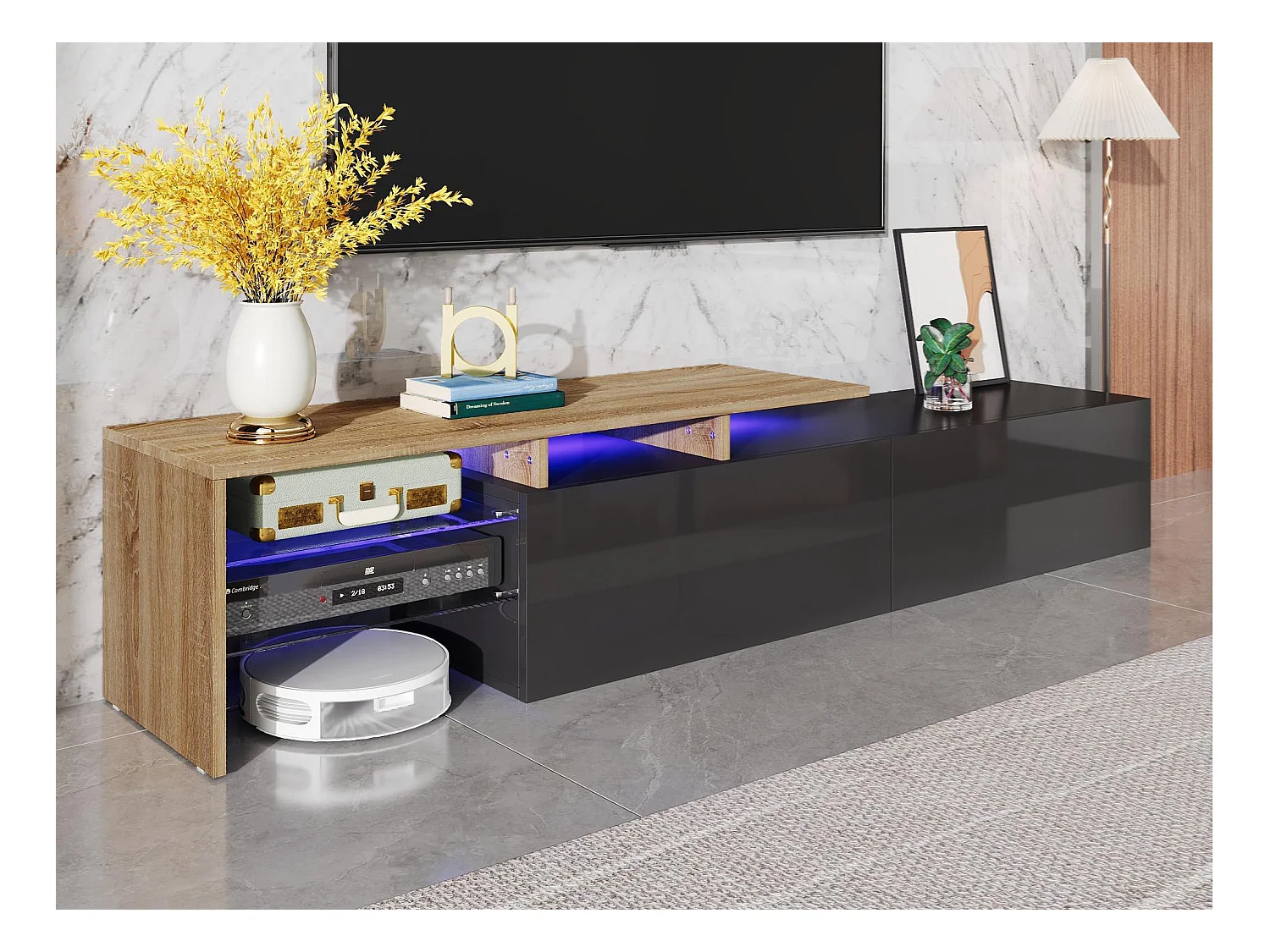 Meuble TV moderne 170x33x33.5 cm - avec éclairage LED - 2 tiroirs - Étagères en verre - aspect bois - noir + naturel