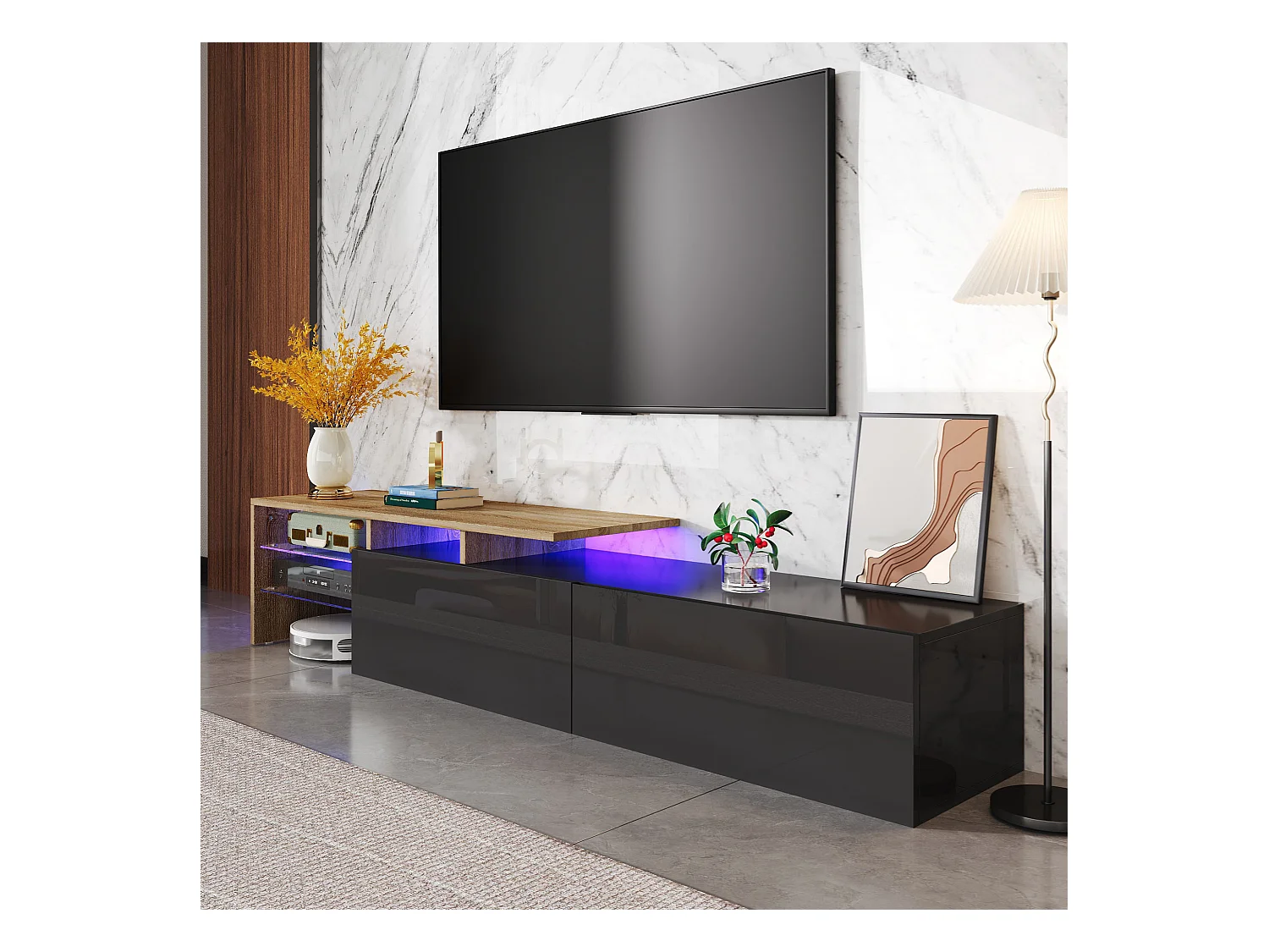 Meuble TV moderne 170x33x33.5 cm - avec éclairage LED - 2 tiroirs - Étagères en verre - aspect bois - noir + naturel
