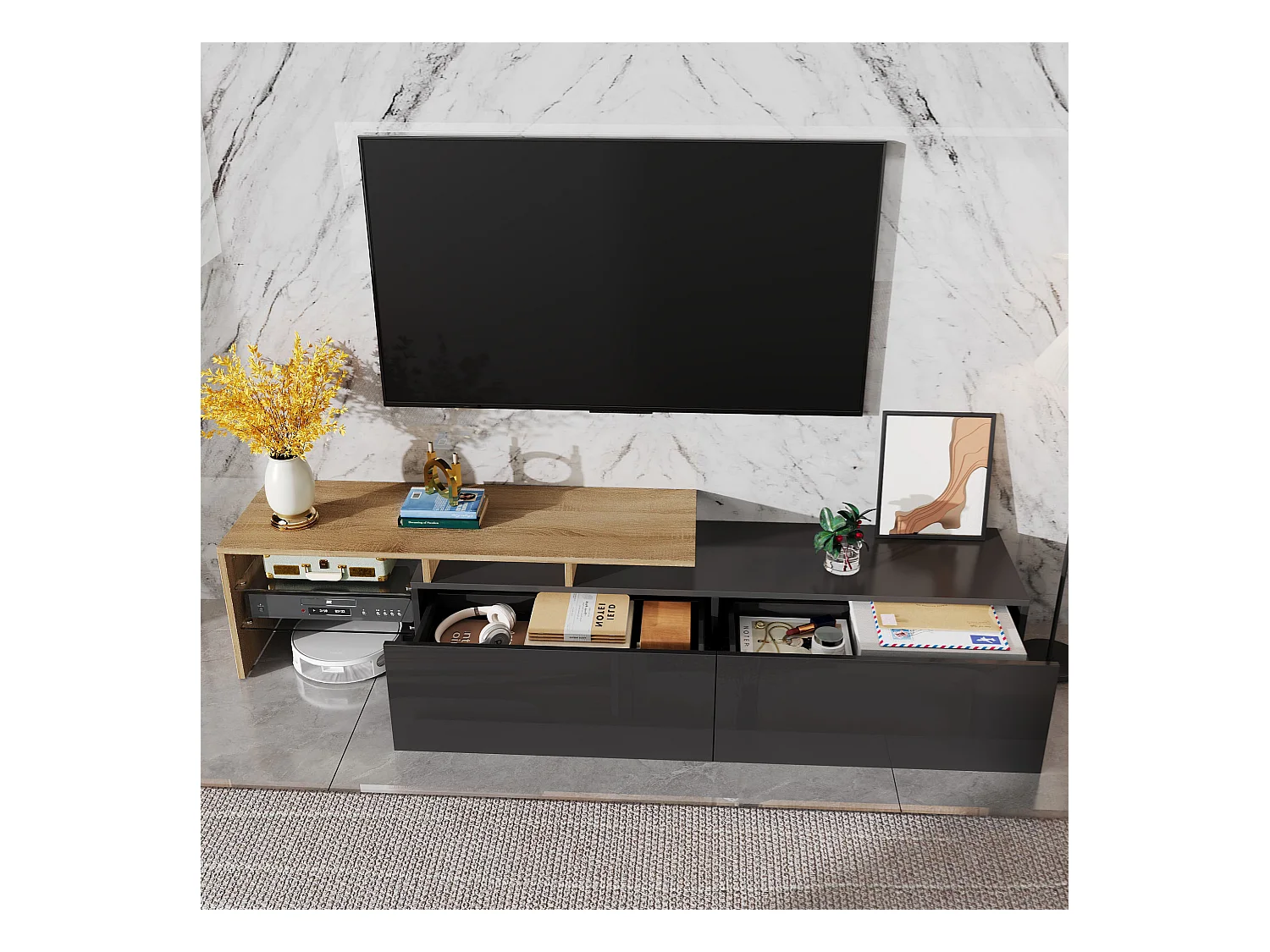 Meuble TV moderne 170x33x33.5 cm - avec éclairage LED - 2 tiroirs - Étagères en verre - aspect bois - noir + naturel