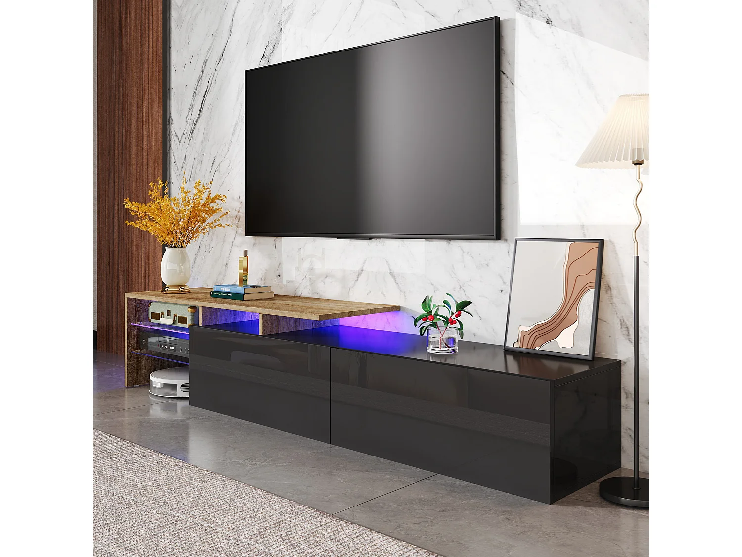 Meuble TV moderne 170x33x33.5 cm - avec éclairage LED - 2 tiroirs - Étagères en verre - aspect bois - noir + naturel
