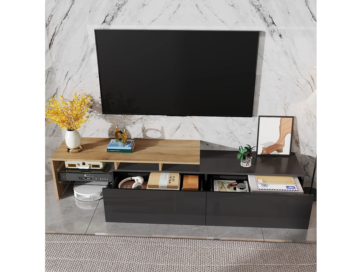 Meuble TV moderne 170x33x33.5 cm - avec éclairage LED - 2 tiroirs - Étagères en verre - aspect bois - noir + naturel