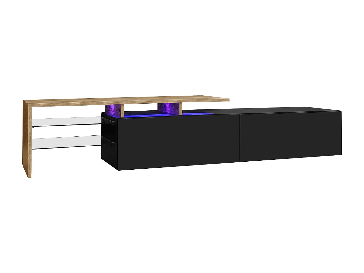 Meuble TV moderne 170x33x33.5 cm - avec éclairage LED - 2 tiroirs - Étagères en verre - aspect bois - noir + naturel