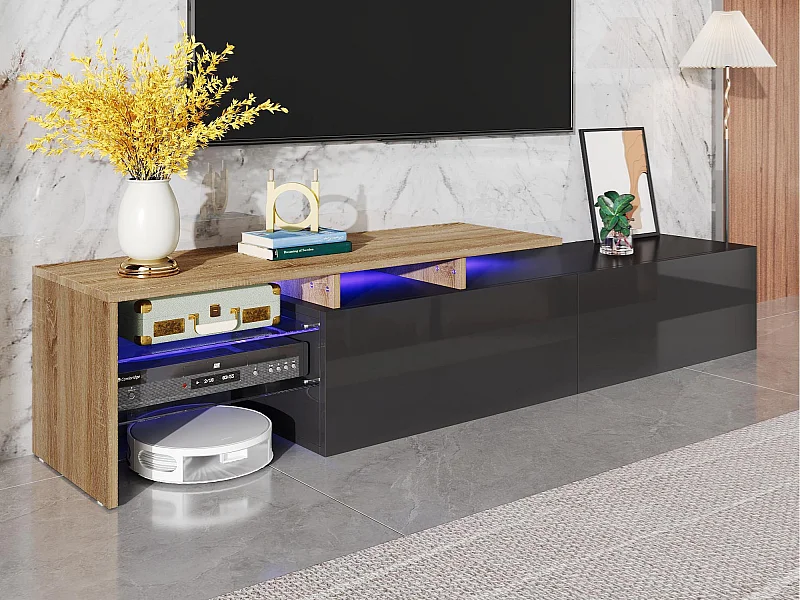 Meuble TV moderne 170x33x33.5 cm - avec éclairage LED - 2 tiroirs - Étagères en verre - aspect bois - noir + naturel