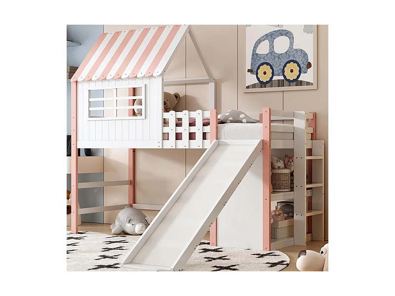 Letto per bambini 90×200 cm - con scala di sicurezza - con scivolo - con vano di riporo - rosa (materasso non incluso)