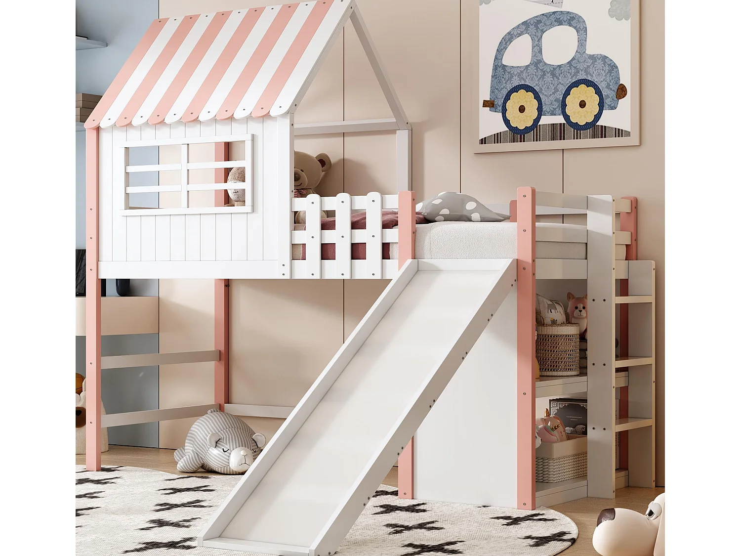 Lit enfanté 90x200 cm - avec échelle de sécurité - avec toboggan - avec compartiment de rangement - rose (matelas non inclus)