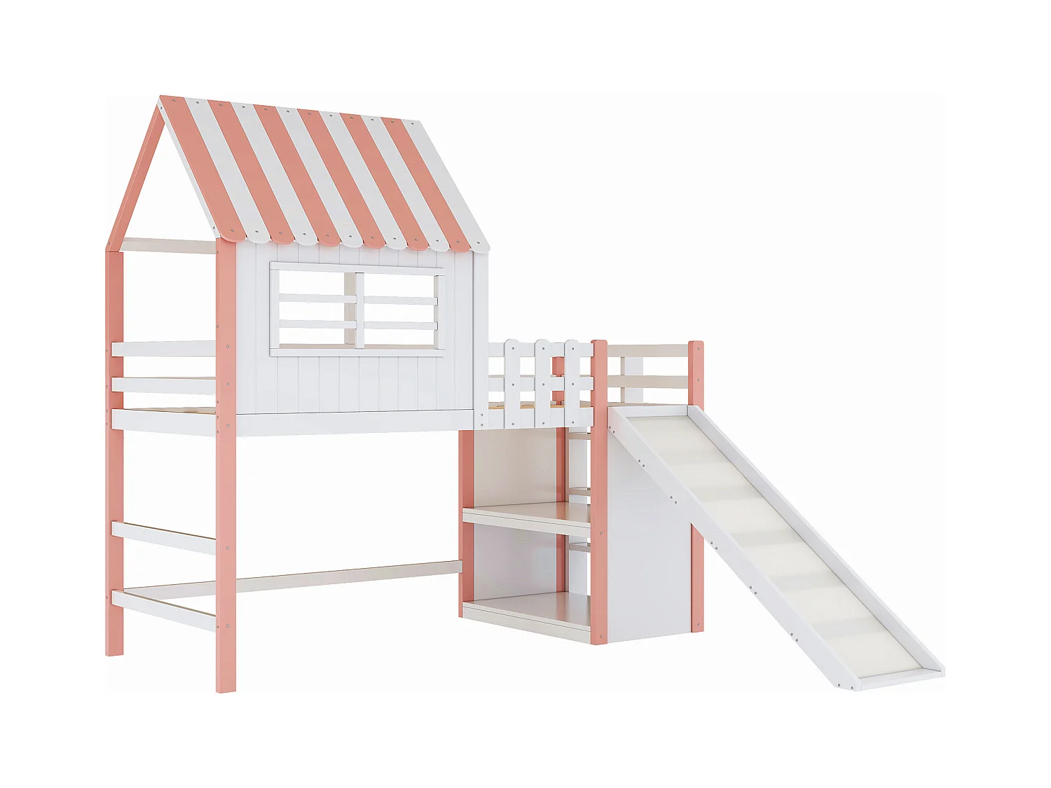 Lit enfanté 90x200 cm - avec échelle de sécurité - avec toboggan - avec compartiment de rangement - rose (matelas non inclus)