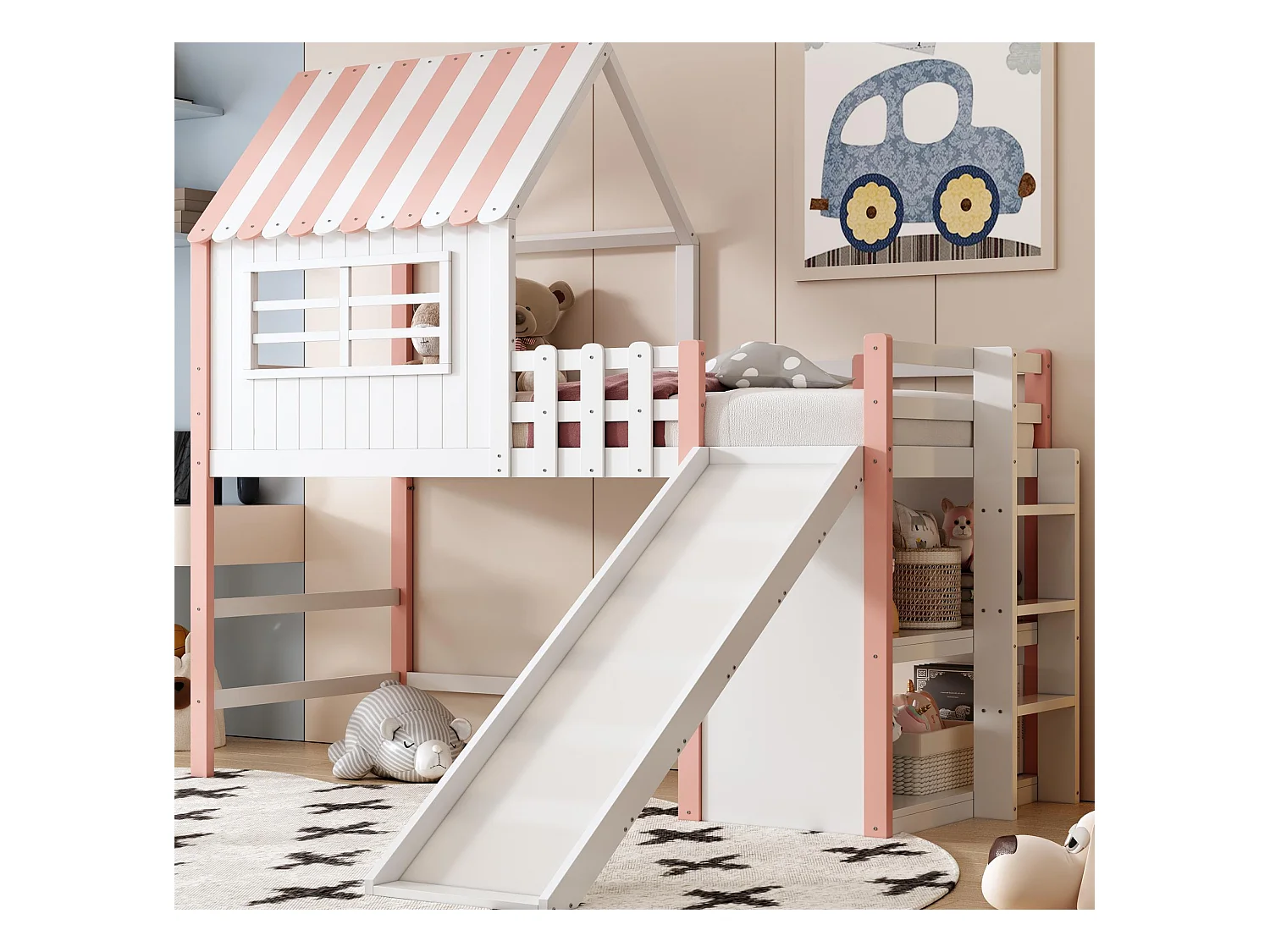 Lit enfanté 90x200 cm - avec échelle de sécurité - avec toboggan - avec compartiment de rangement - rose (matelas non inclus)