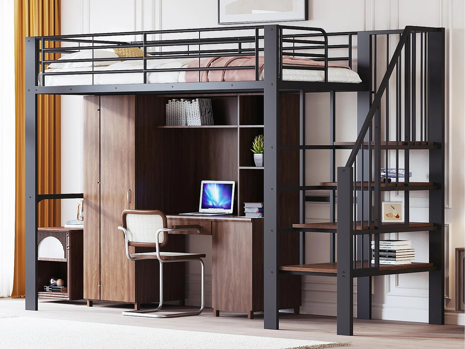 Cama mezanino 90×200 cm - com escada - com grades de segurança - grande armazenamento sob a cama - preto (colchão não incluído)