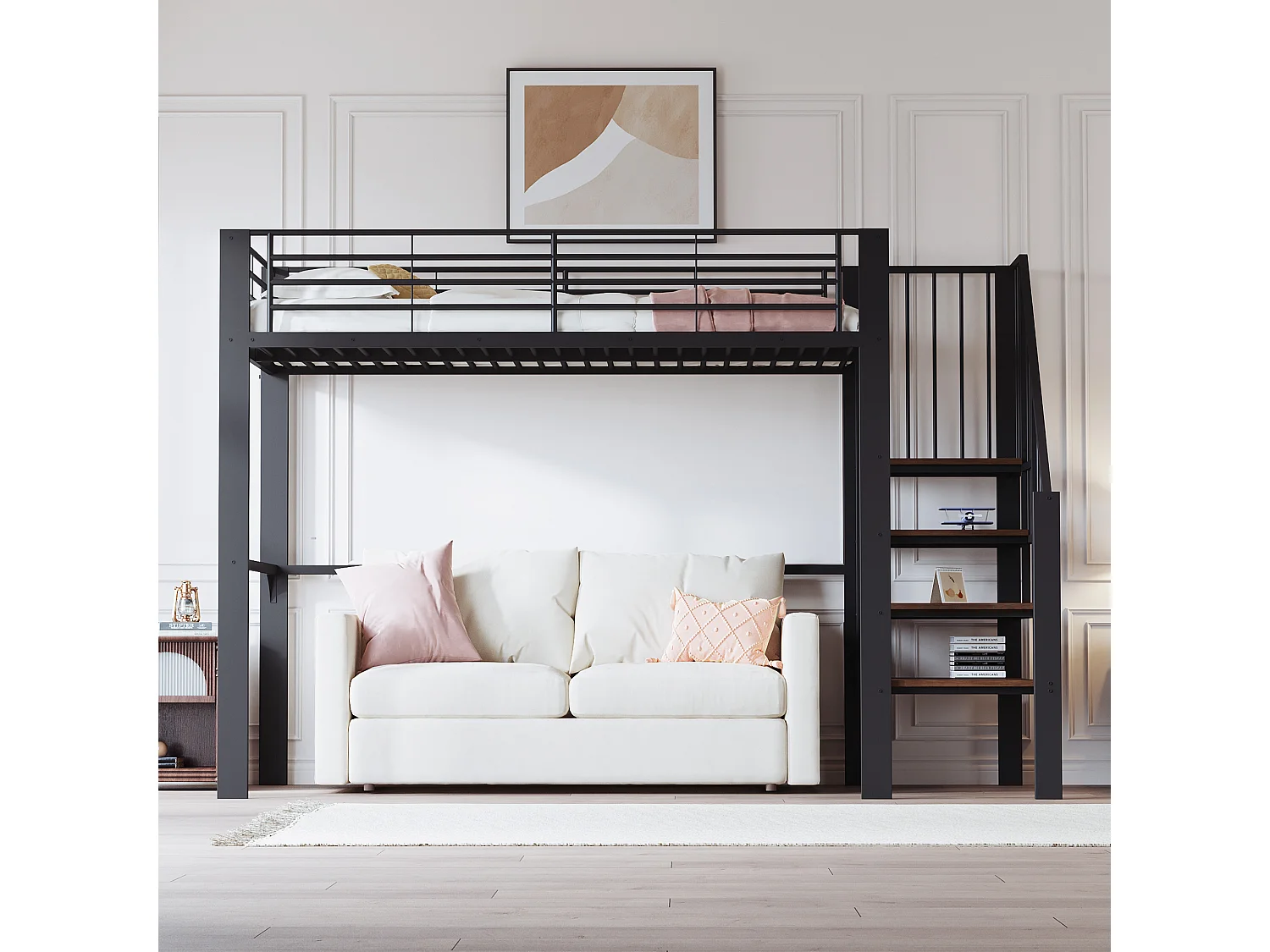 Cama mezanino 90×200 cm - com escada - com grades de segurança - grande armazenamento sob a cama - preto (colchão não incluído)