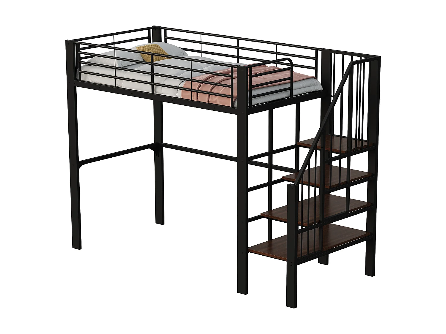 Cama mezanino 90×200 cm - com escada - com grades de segurança - grande armazenamento sob a cama - preto (colchão não incluído)