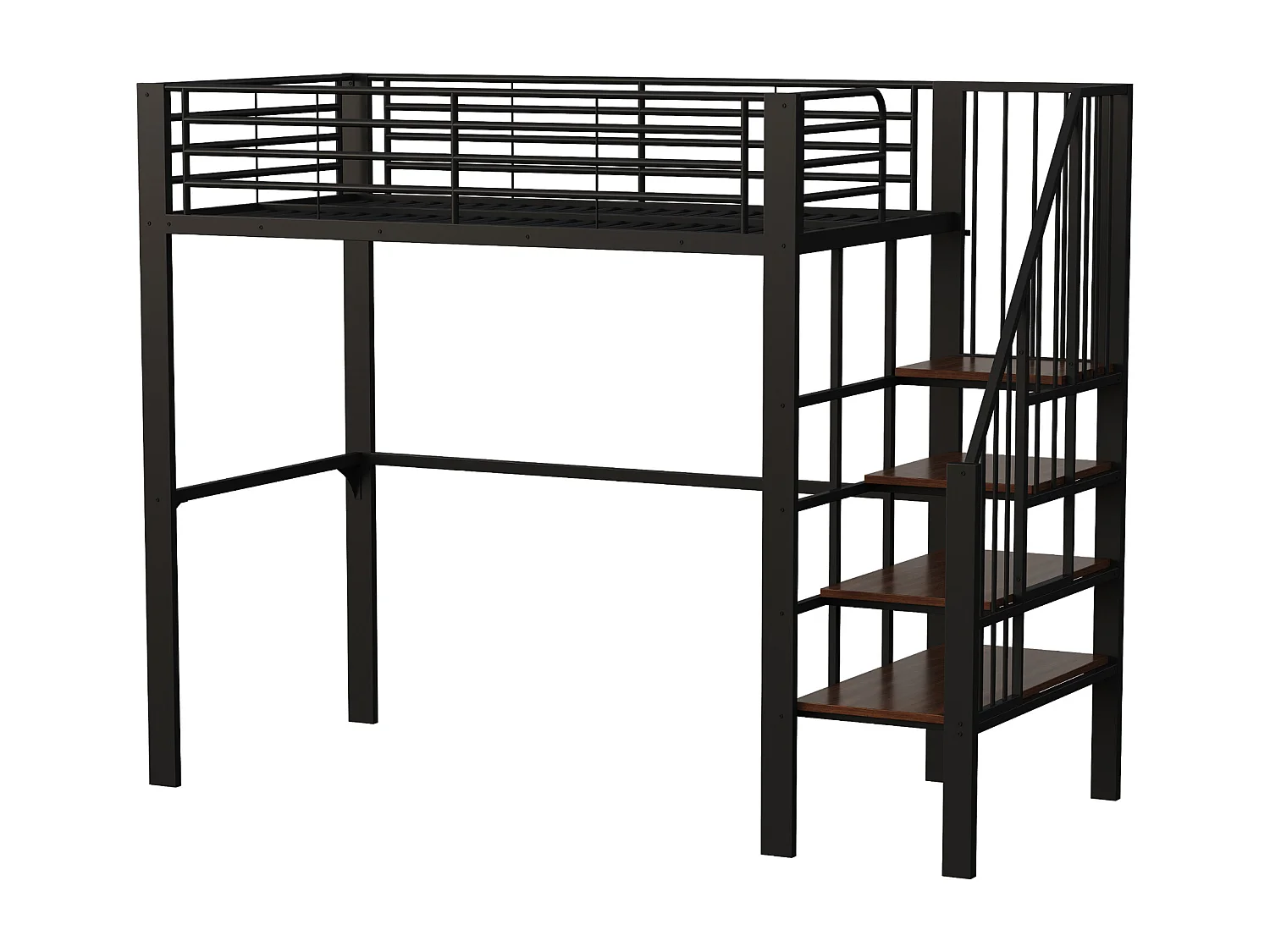 Cama mezanino 90×200 cm - com escada - com grades de segurança - grande armazenamento sob a cama - preto (colchão não incluído)