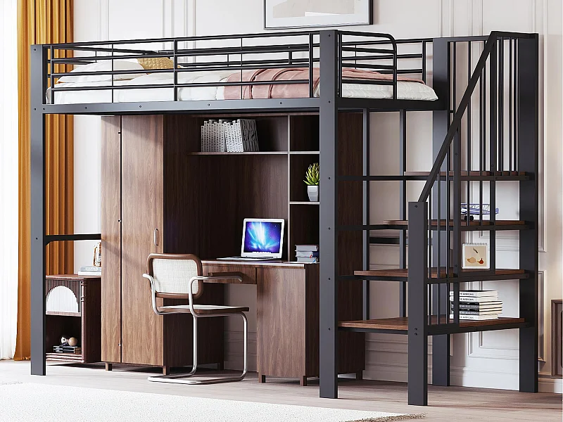 Łóżko piętrowe 90×200 cm - z drabiną - z barierkami bezpieczeństwa - duża przestrzeń do przechowywania pod łóżkiem - czarne (materac nie jest zawarty)