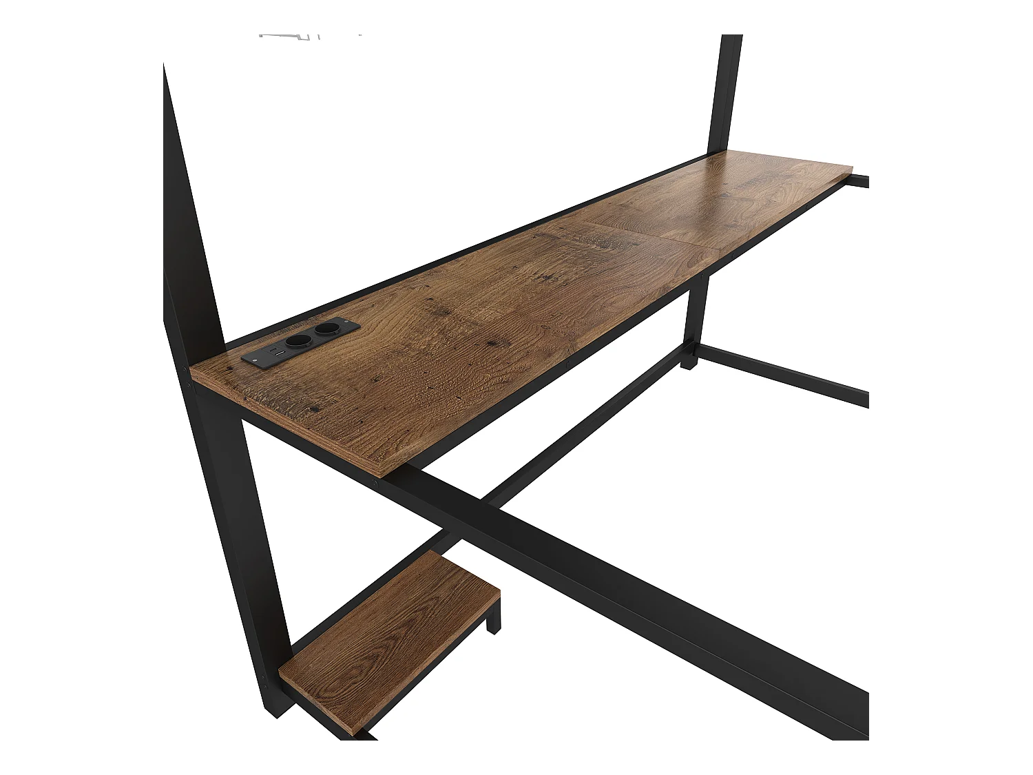 Lit mezzanine 140x200 cm - avec éclairage LED - avec bureau - prise de courant + USB - avec escalier - noir