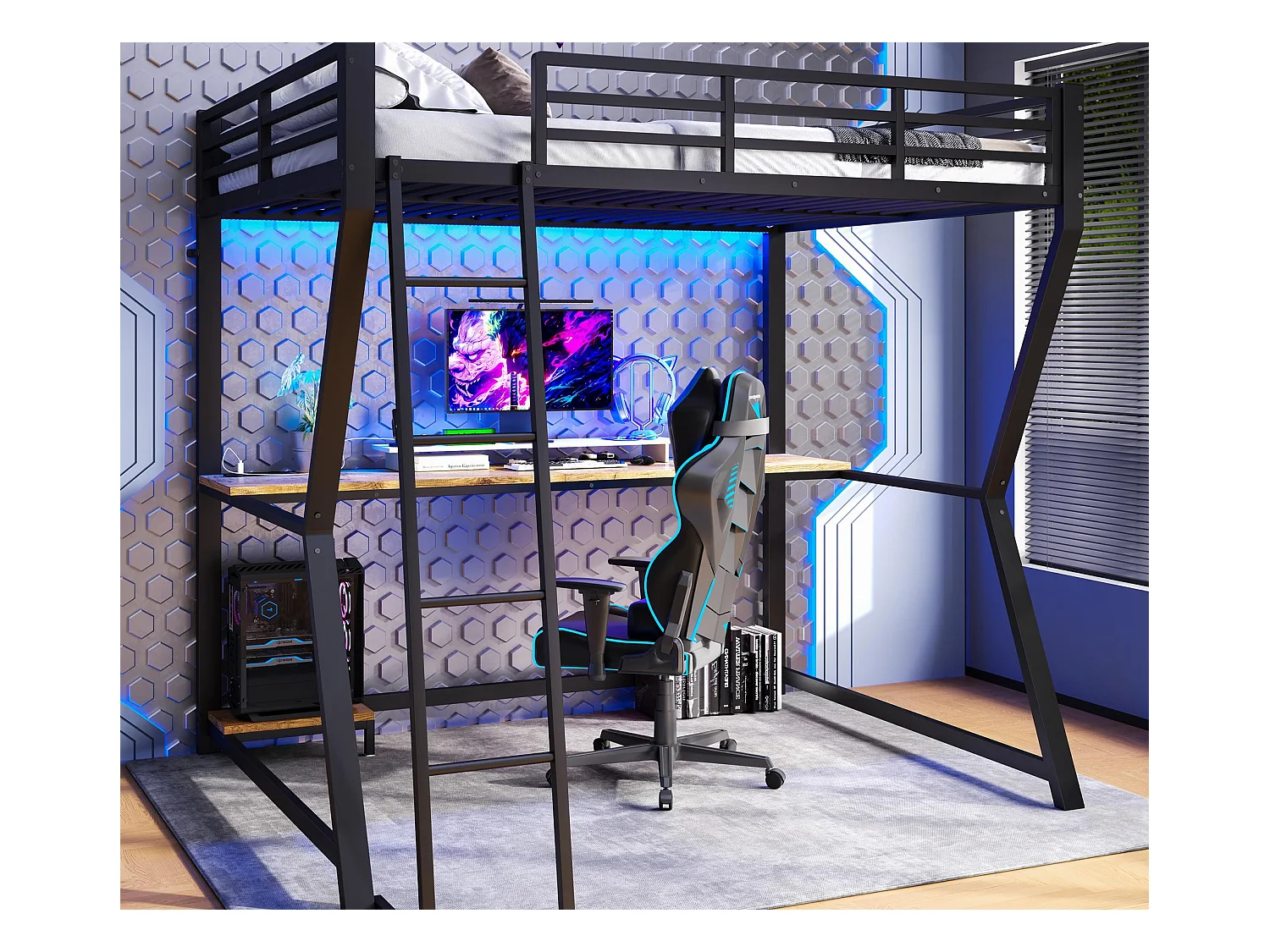 Lit mezzanine 140x200 cm - avec éclairage LED - avec bureau - prise de courant + USB - avec escalier - noir