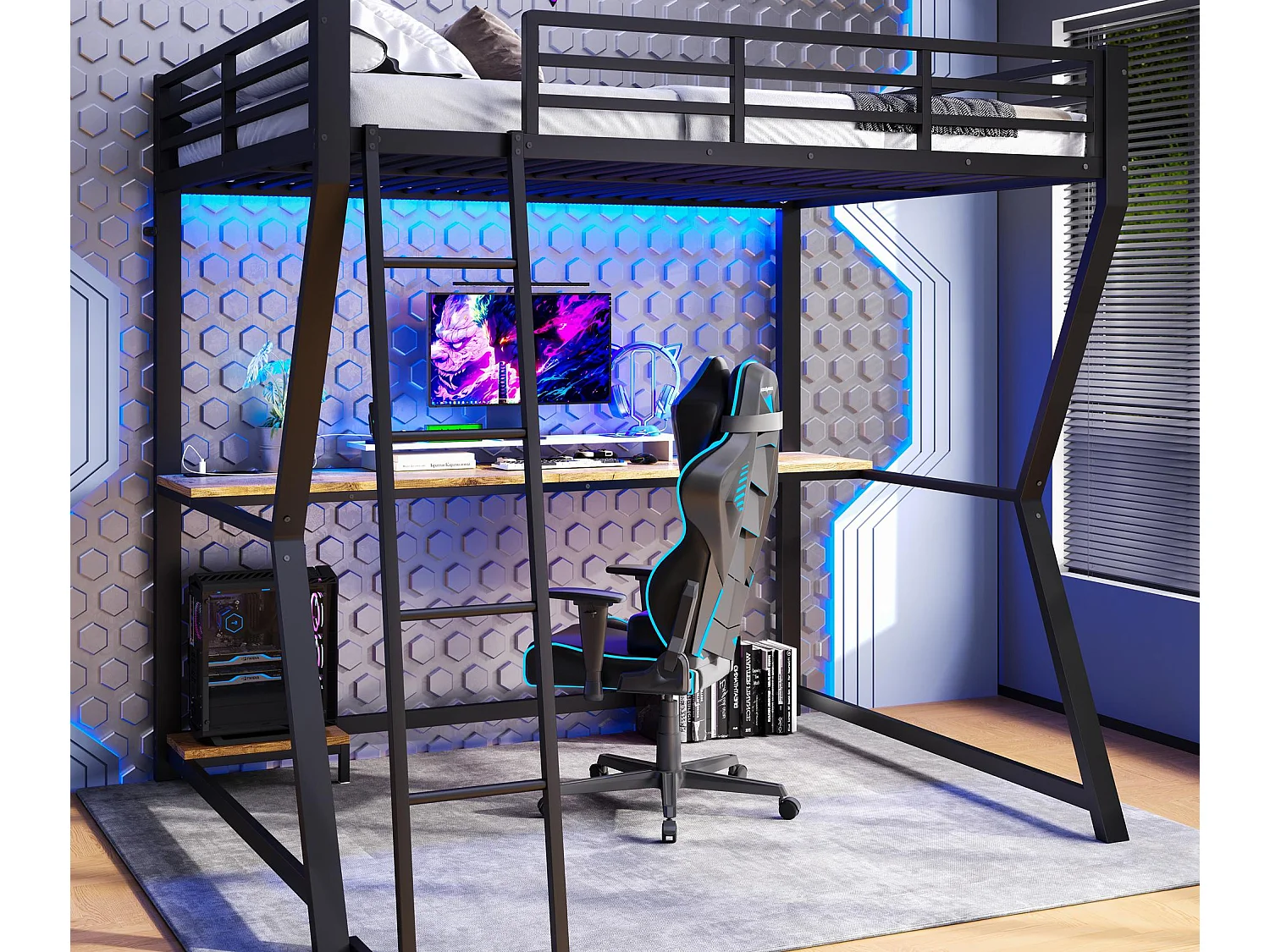 Lit mezzanine 140x200 cm - avec éclairage LED - avec bureau - prise de courant + USB - avec escalier - noir