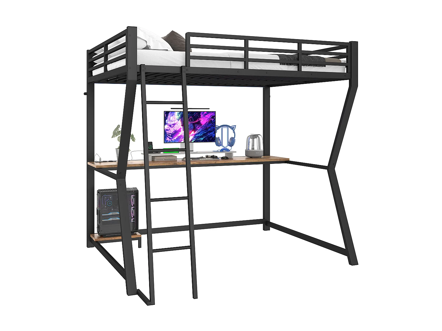 Lit mezzanine 140x200 cm - avec éclairage LED - avec bureau - prise de courant + USB - avec escalier - noir