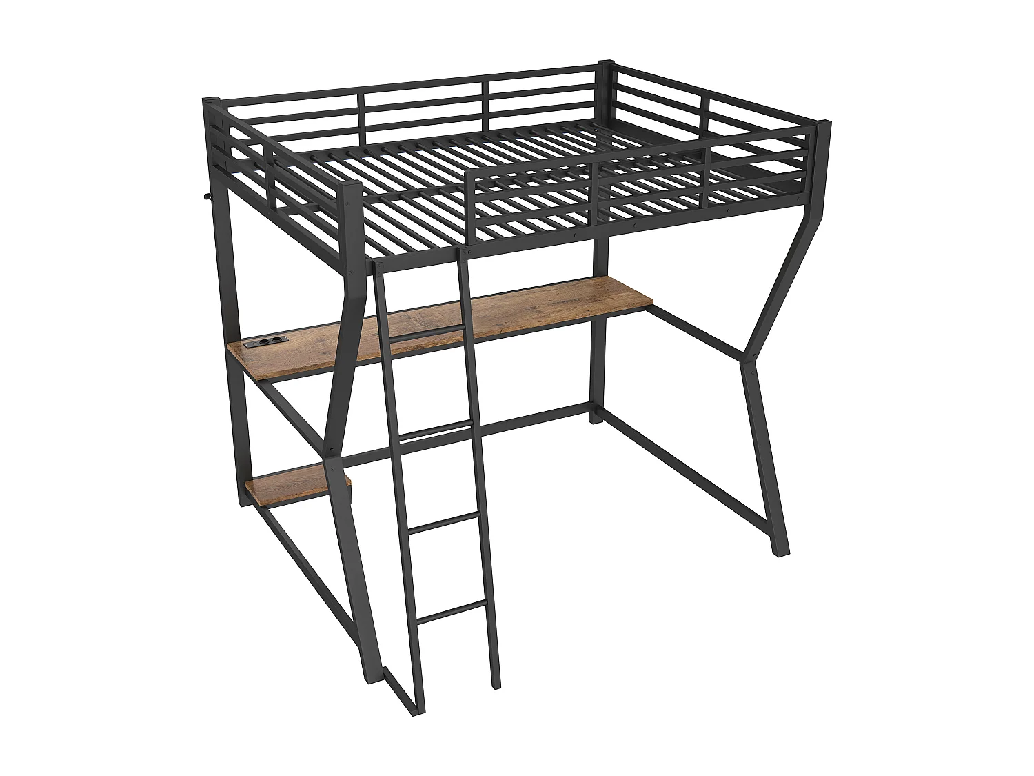 Lit mezzanine 140x200 cm - avec éclairage LED - avec bureau - prise de courant + USB - avec escalier - noir