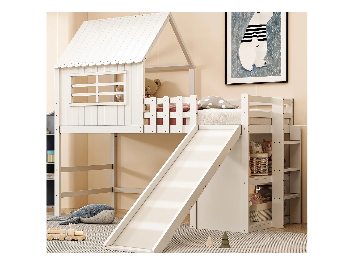 Lit enfanté 90 x 200 cm - avec échelle de sécurité - avec toboggan - avec compartiment de rangement - blanc (matelas non inclus)