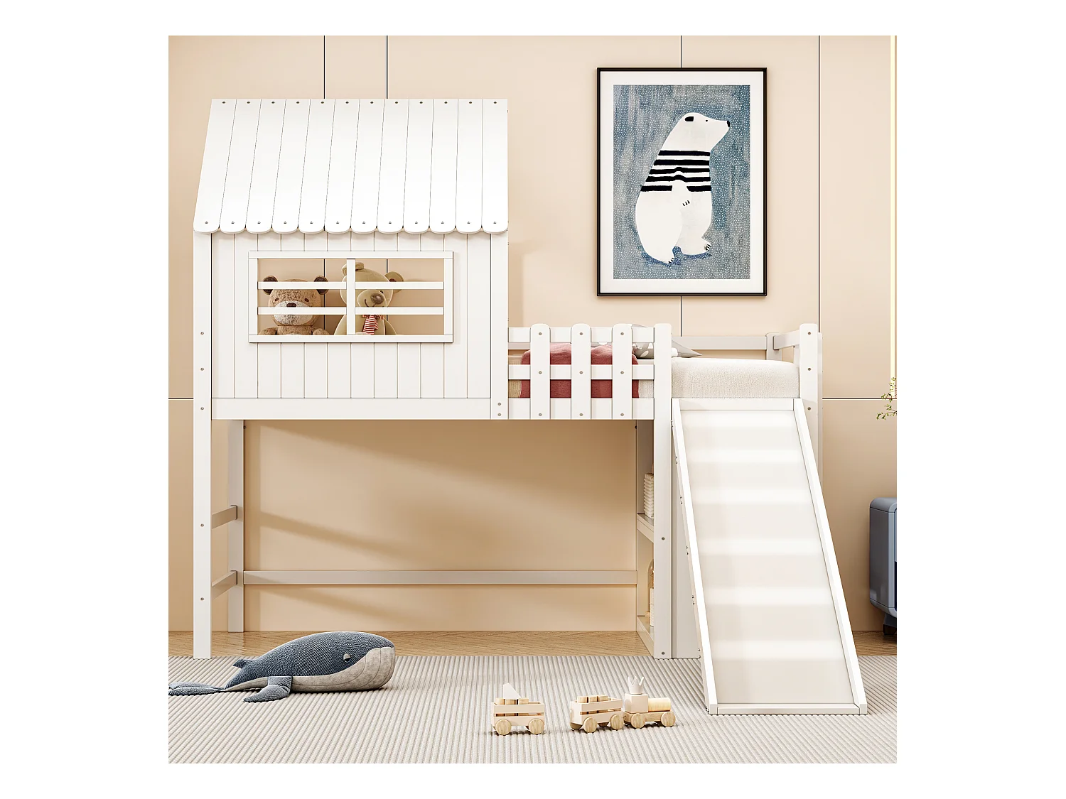 Lit enfanté 90 x 200 cm - avec échelle de sécurité - avec toboggan - avec compartiment de rangement - blanc (matelas non inclus)