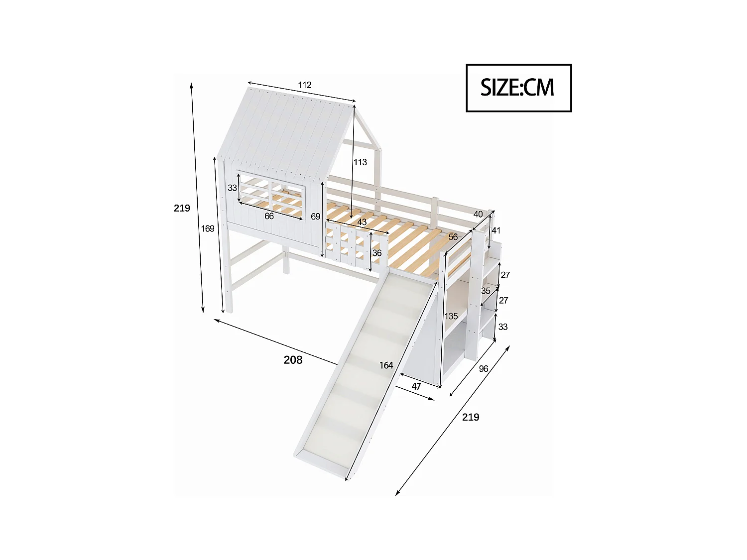 Lit enfanté 90 x 200 cm - avec échelle de sécurité - avec toboggan - avec compartiment de rangement - blanc (matelas non inclus)