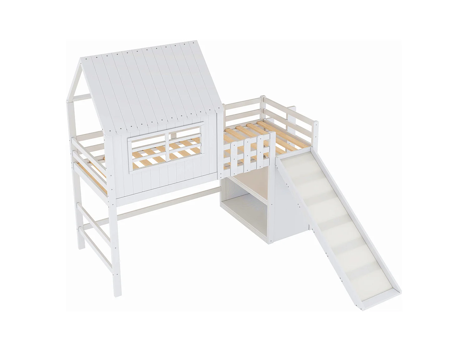 Lit enfanté 90 x 200 cm - avec échelle de sécurité - avec toboggan - avec compartiment de rangement - blanc (matelas non inclus)
