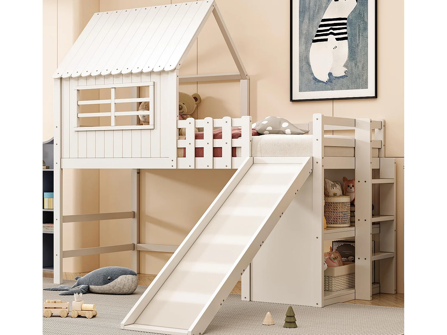 Lit enfanté 90 x 200 cm - avec échelle de sécurité - avec toboggan - avec compartiment de rangement - blanc (matelas non inclus)