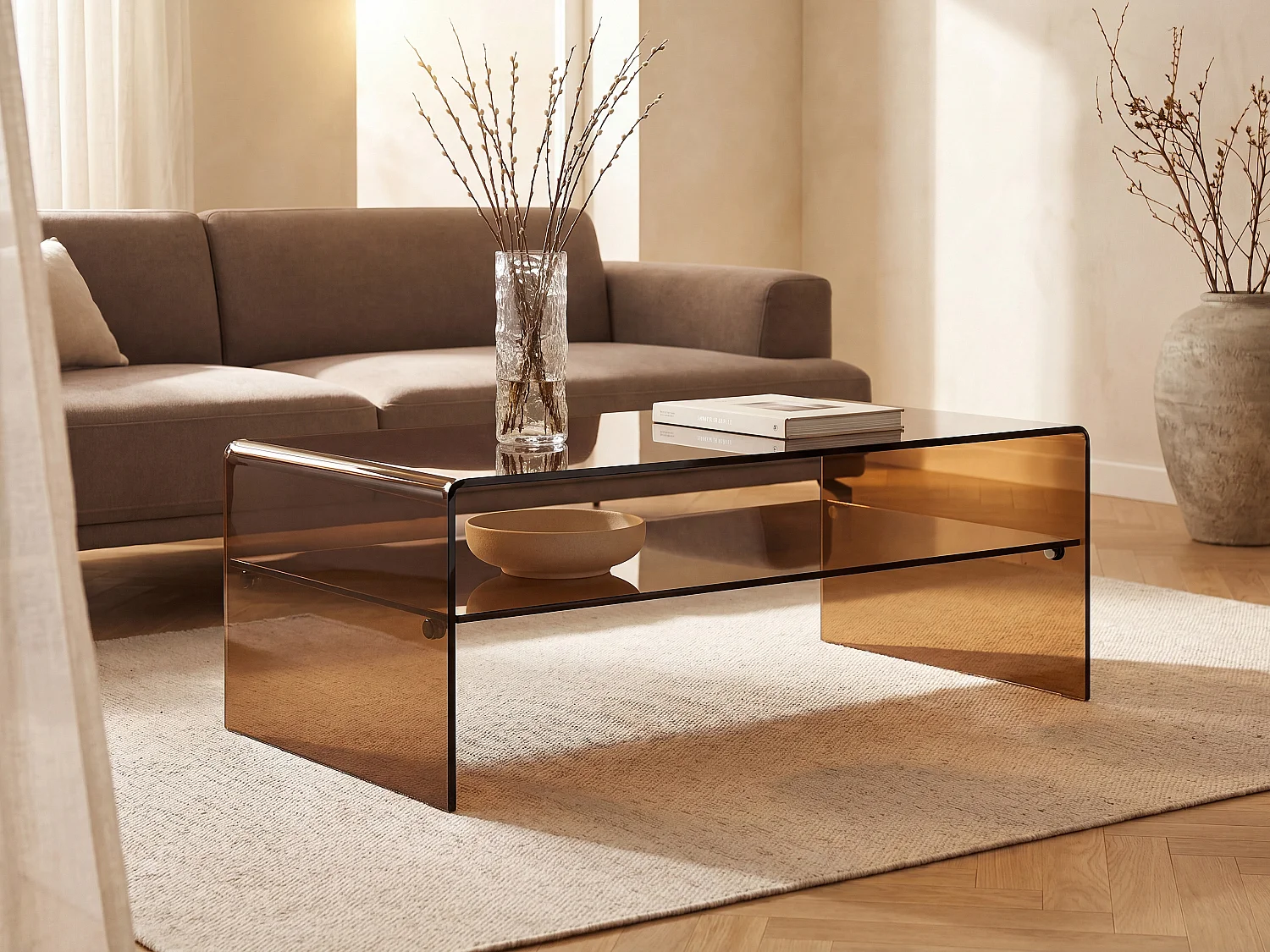 Table basse double plateau en verre trempé - Brun - STILEOS