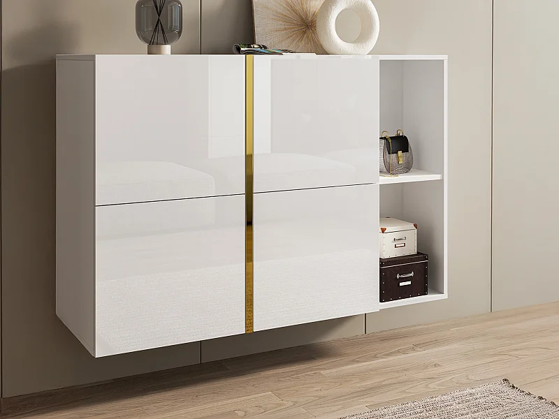 Zapatero con 4 compartimentos abatibles y 2 huecos - Blanco y dorado - MARZIALO