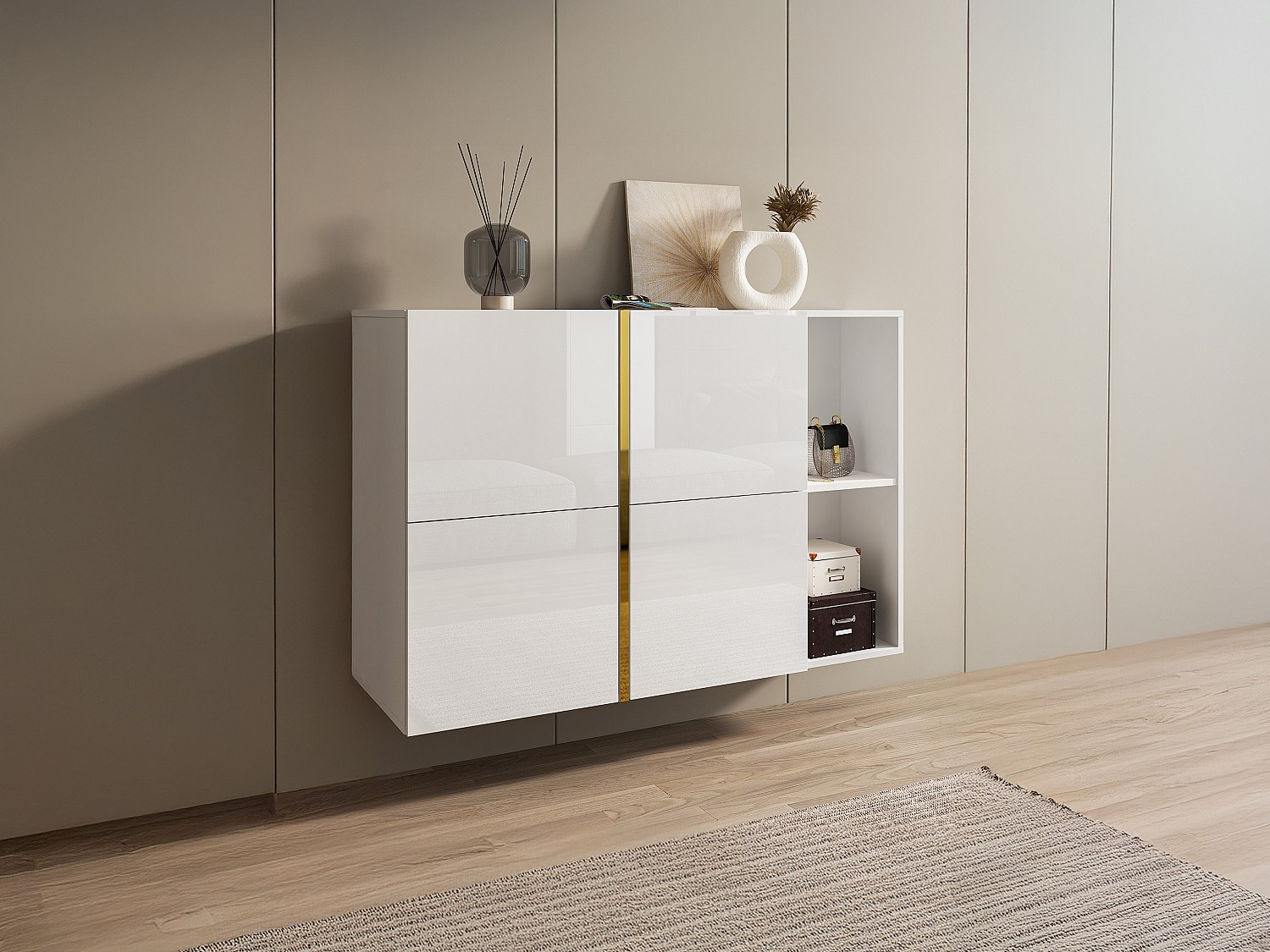 Schuhschrank - 4 Klappenfächer & 2 Nischen - Weiß & Gold - MARZIALO günstig online kaufen