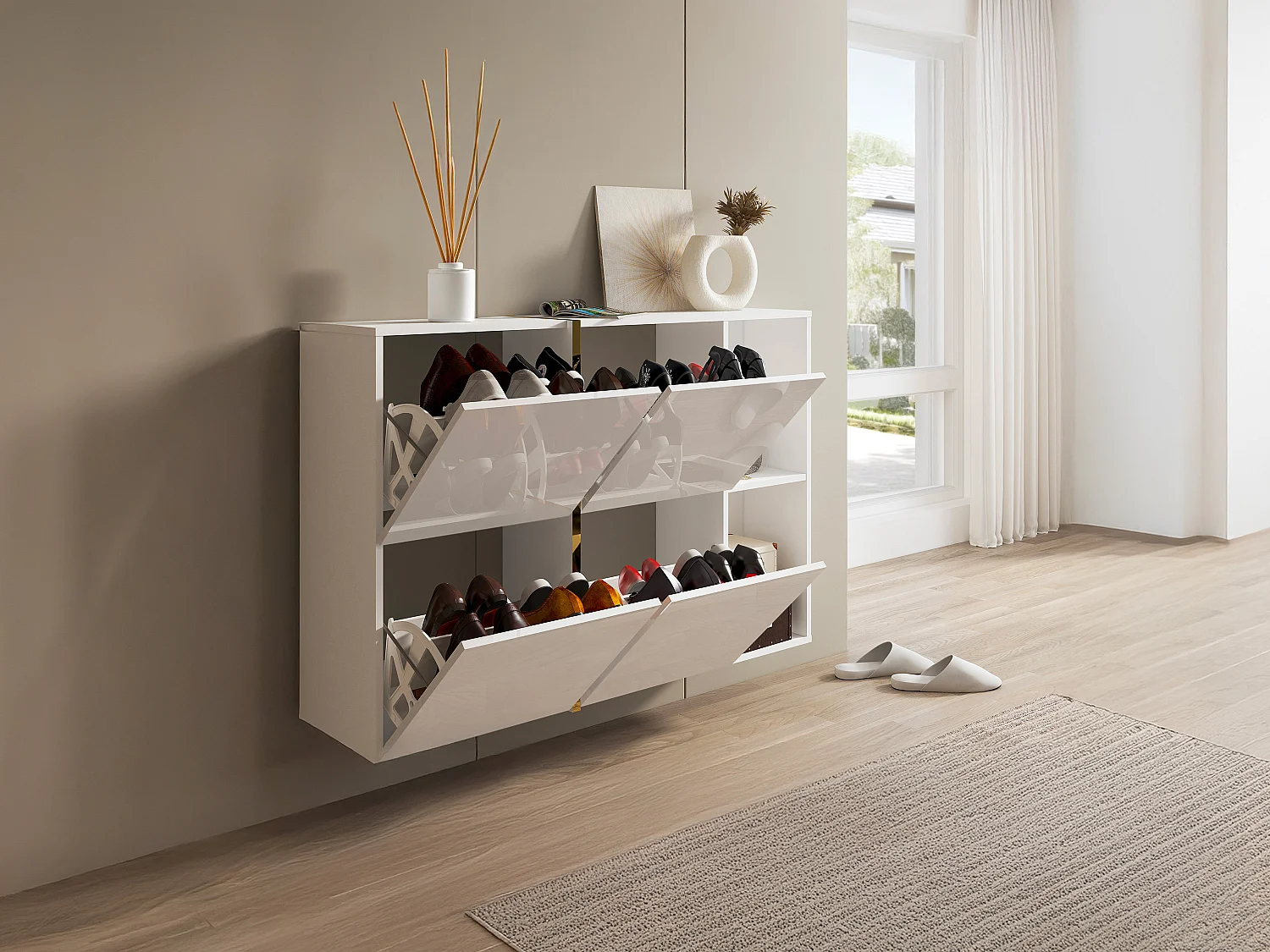 Meuble à chaussures avec 4 compartiments abattants et 2 niches - Blanc et doré - MARZIALO