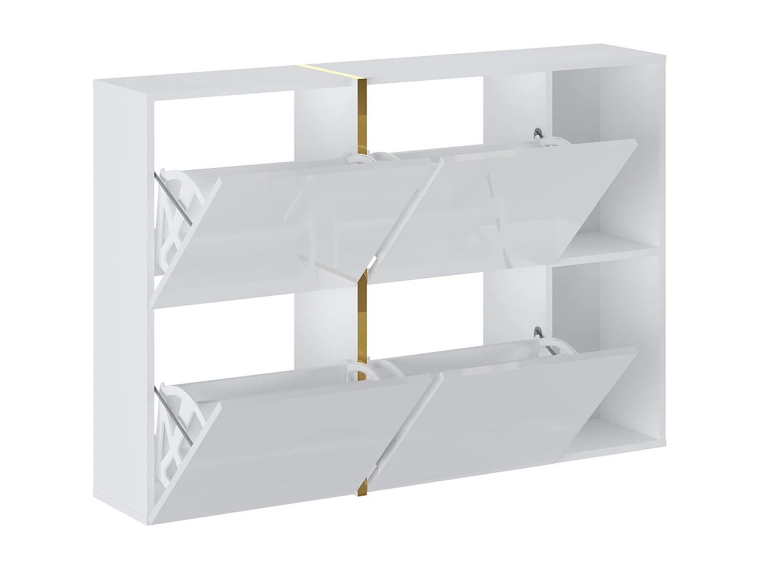 Meuble à chaussures avec 4 compartiments abattants et 2 niches - Blanc et doré - MARZIALO